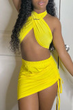 Yellow Fashion Sexy Solid Draw String Backless Halter Sleeveless Two Pieces