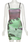 Pink Sexy Print Patchwork Spaghetti Strap Pencil Skirt Dresses