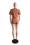 Brown Fashion Casual Solid Asymmetrical O Neck Short Sleeve Two Pieces