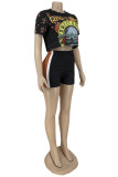 Green Fashion Casual Print Patchwork O Neck Short Sleeve Two Pieces