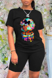 Black Fashion Print Basic O Neck Short Sleeve Two Pieces