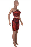 Red Fashion Sexy Print Backless One Shoulder Sleeveless Two Pieces