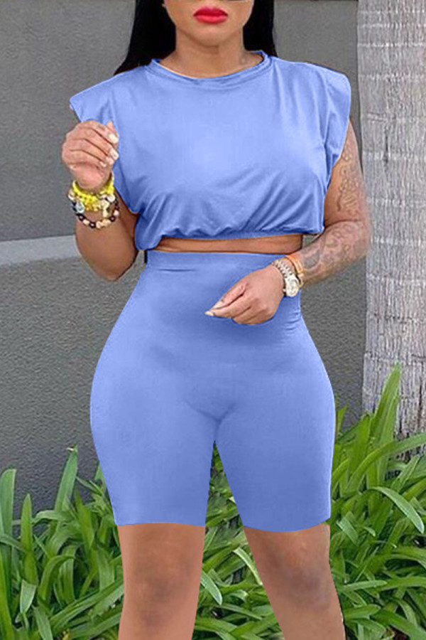 Blue Casual Solid Patchwork O Neck Sleeveless Two Pieces