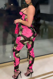 Red Sexy Print Patchwork See-through Spaghetti Strap Sleeveless Two Pieces