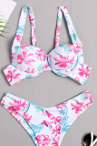 Pink Sexy Print Patchwork Buckle Swimwears