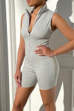 Grey Casual Solid Patchwork Zipper Collar Skinny Rompers
