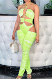 Fluorescent Green Fashion Sexy Print Hollowed Out Backless Halter Skinny Jumpsuits