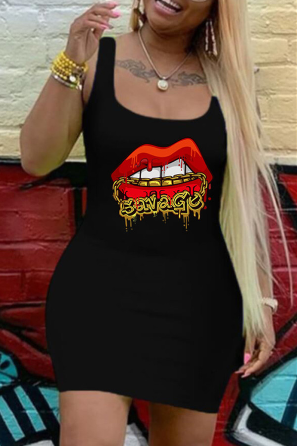 Black Fashion Casual Lips Printed Basic U Neck Vest Dress