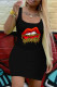 Black Fashion Casual Lips Printed Basic U Neck Vest Dress