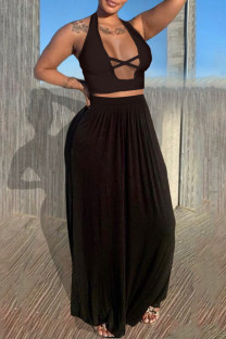 Black Sexy Casual Solid Hollowed Out Backless Halter Sleeveless Two Pieces