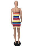 Rainbow Color Fashion Sexy Striped Print Backless Strapless Sleeveless Dress