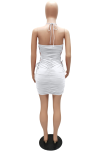 White Sexy Casual Solid Patchwork Halter Pencil Skirt Dresses