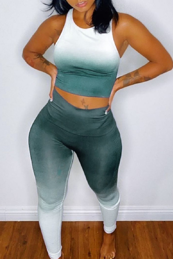 Cyan Casual Sportswear Gradual Change Print Vests Pants O Neck Sleeveless Two Pieces