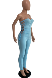 Blue Sexy Solid Patchwork Strapless Skinny Jumpsuits