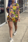 Grey Casual Print Patchwork O Neck Short Sleeve Two Pieces