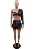 Black Sexy Print Patchwork One Shoulder Long Sleeve Two Pieces