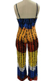 Red Casual Print Patchwork Pocket V Neck Loose Jumpsuits