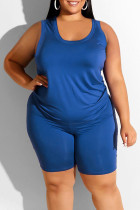 Blue Casual Solid Basic U Neck Plus Size Two Pieces