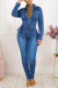 Dark Blue Fashion Casual Solid With Belt Turndown Collar Regular Jumpsuits