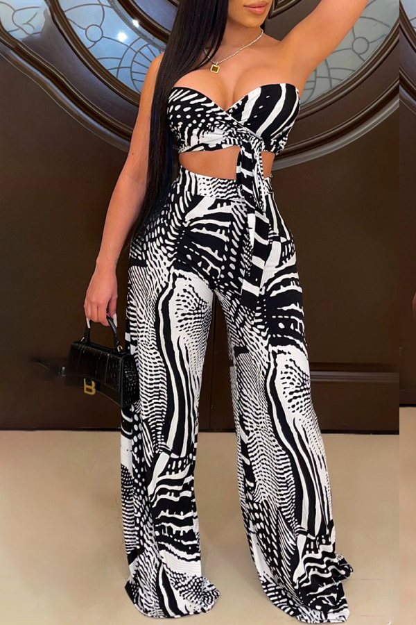 Black Sexy Print Patchwork Halter Sleeveless Two Pieces