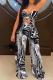 Black Sexy Print Patchwork Halter Sleeveless Two Pieces