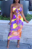Blue Red Fashion Sexy Print Backless Strapless Sleeveless Two Pieces