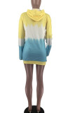 Pink Casual Gradual Change Print Patchwork Pocket Hooded Collar Straight Dresses