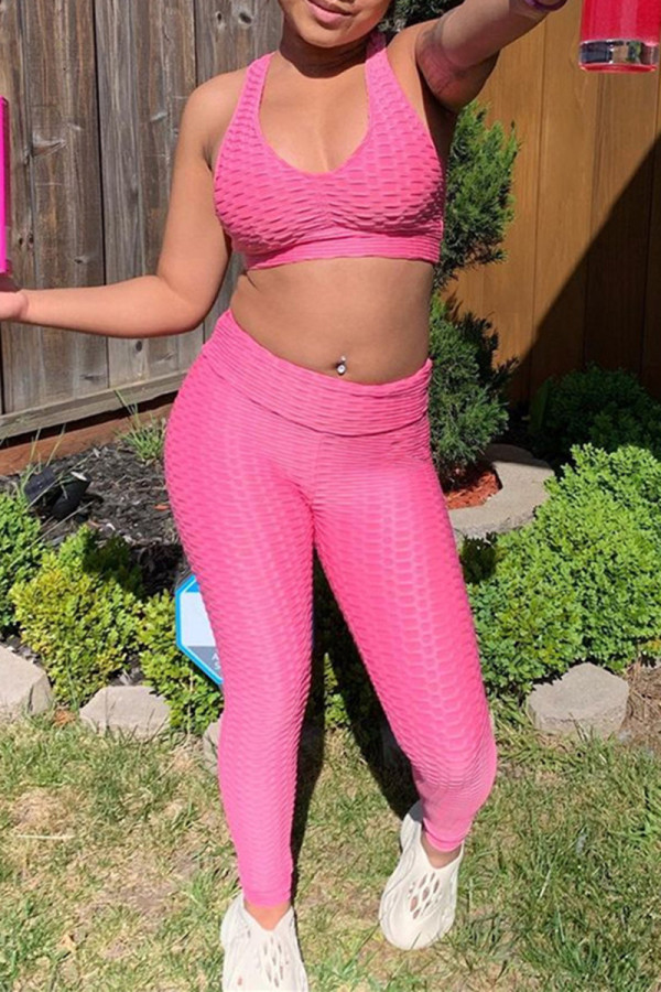 Pink Casual Sportswear Solid Vests Pants U Neck Sleeveless Two Pieces