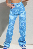 Blue Casual Print Tie Dye Patchwork Straight Denim Jeans