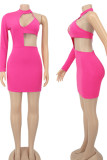 Pink Sexy Solid Hollowed Out Patchwork Asymmetrical Halter A Line Dresses