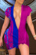 Fuchsia Sexy Casual Print Basic V Neck Short Sleeve Dress