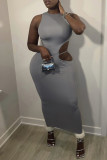Blue Sexy Casual Solid Hollowed Out O Neck Sleeveless Dress