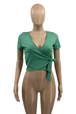 Blue Sexy Solid Bandage V Neck T-Shirts