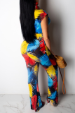 Blue Casual Print Draw String V Neck Short Sleeve Two Pieces