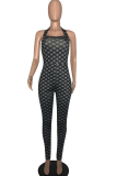Black Sexy Print Patchwork Halter Skinny Jumpsuits