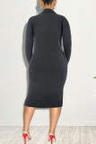 Pink Fashion Casual Solid Slit Turndown Collar Long Sleeve Dresses