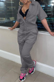 Pink Fashion Casual Solid Basic Turndown Collar Regular Jumpsuits