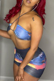 Blue Fashion Sexy Print Backless Halter Sleeveless Two Pieces