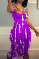 Purple Fashion Sexy Print Backless Spaghetti Strap Sleeveless Dress