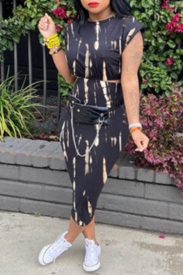 Black Sexy Print Patchwork O Neck Short Sleeve Two Pieces