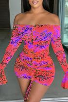 Red Sexy Print Split Joint Off the Shoulder Pencil Skirt Dresses