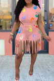 Pink Fashion Casual Print Tassel O Neck Short Sleeve Two Pieces