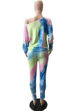Multicolor Fashion Casual Tie Dye Printing Oblique Collar Long Sleeve Two Pieces