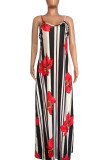 Rose Red Casual Print Split Joint Spaghetti Strap Straight Dresses