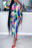 Purple Sexy Print Patchwork Bandage Crystal Half A Turtleneck Pencil Skirt Dresses