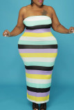 Multi-color Casual Striped Print Patchwork Strapless Long Sleeve Two Pieces