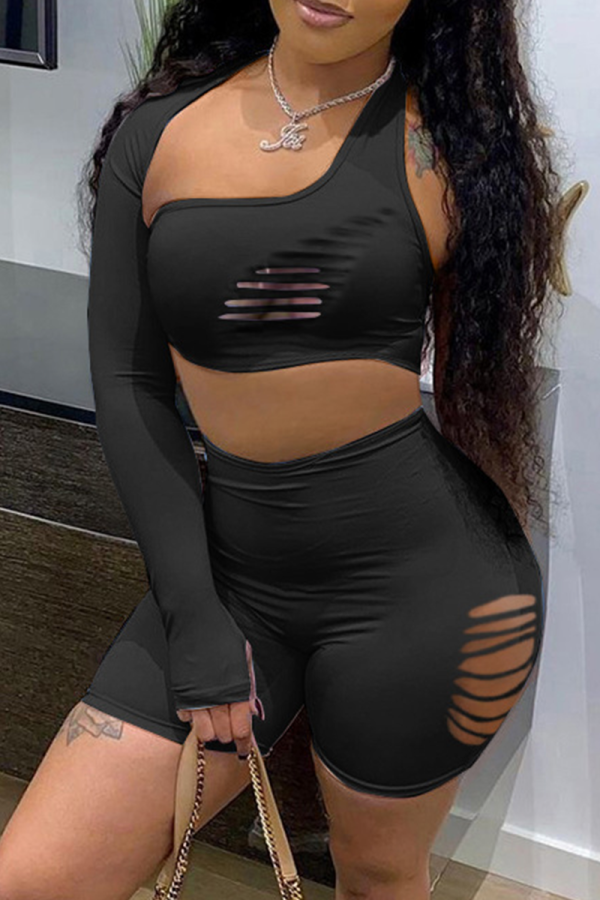 Black Sexy Solid Patchwork One Shoulder Long Sleeve Two Pieces