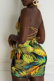 Yellow Sexy Print Hollowed Out Halter Pencil Skirt Dresses