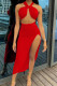 Red Sexy Solid Split Joint Backless High Opening Halter Sleeveless Two Pieces