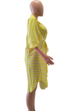 Yellow Casual Striped Split Joint Turndown Collar Shirt Dress Dresses